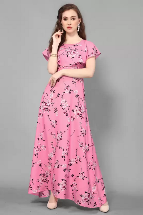 Women's Printed Crepe Stitched Anarkali Gown (Pink) (Size S)