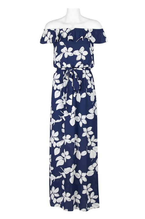 Adrianna Papell Ruffled Off-Shoulder Tie Waist Floral Print Polyester