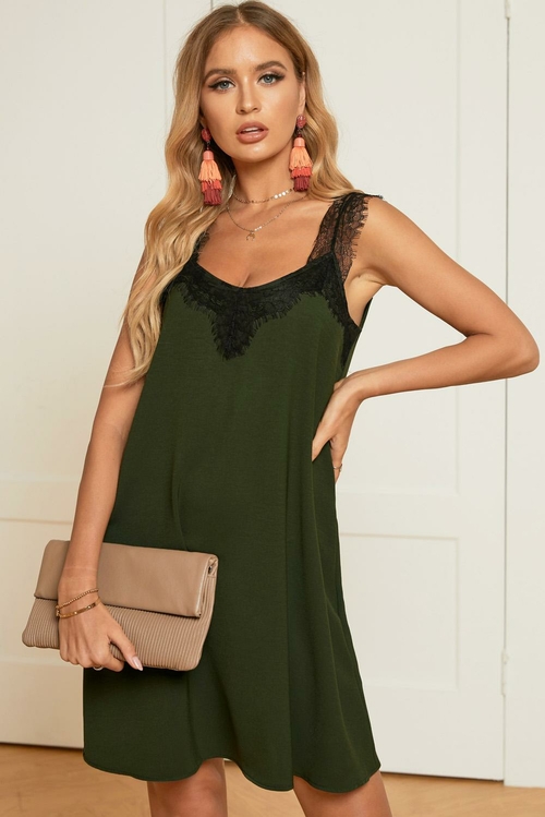 Green V Neck Lace Shoulder Sleeveless Mini Dress