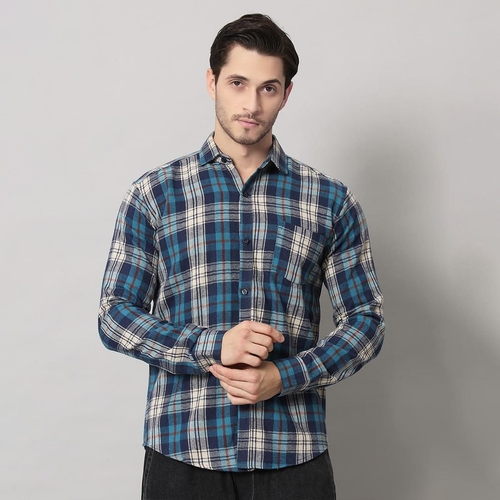 Men’s Herringbone Blue Flannel Slim-Fit Shirt (Size-XL) (Color-BLUE)