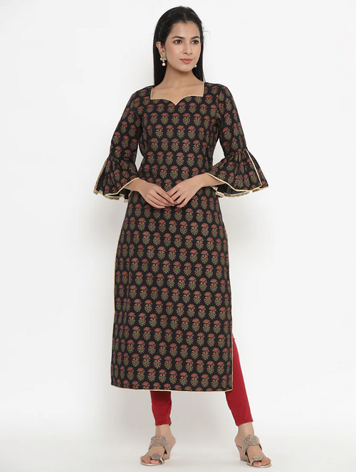 Women's straight kurta Tulip sleeves (Size-L) (Color-BLACK)