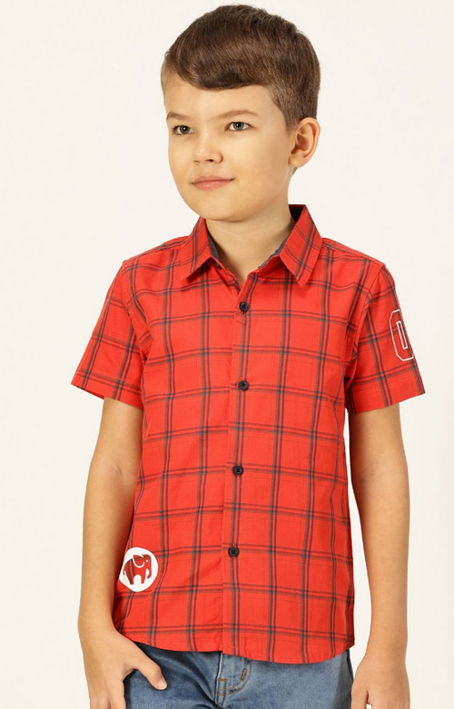 Boys Premium Spread Collar Windowpane Checked Cotton Casual Shirt