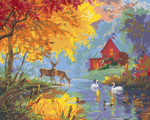 Paint by Numbers - ROE DEER, DUCK AND SWAN ON A POND IN SPRING