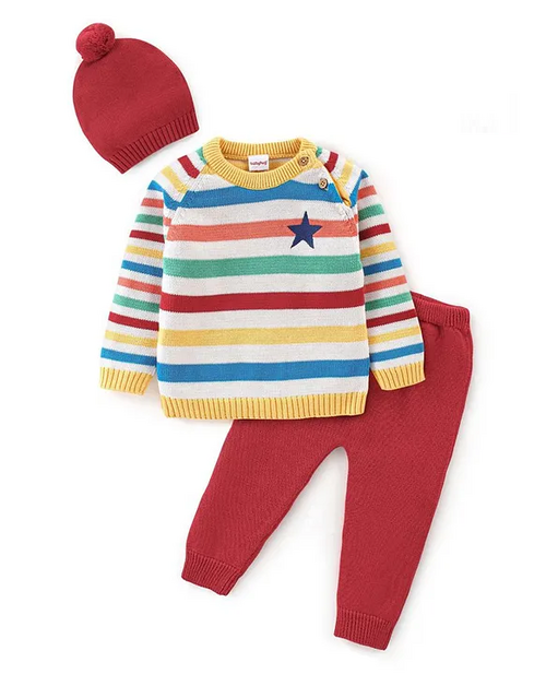 Knit Full Sleeves Sweater Set Striped (Size-1-2YEAR) (Color-RED)