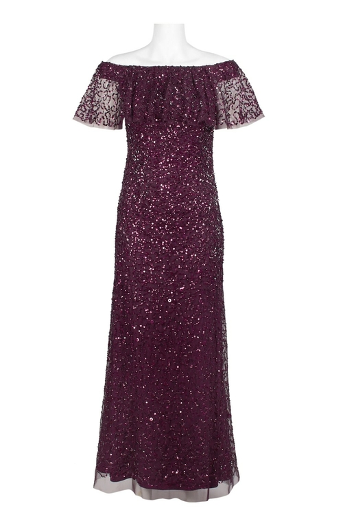 Adrianna Papell Off-Shoulder Popover Sleeve Zipper Back Sequin Mesh