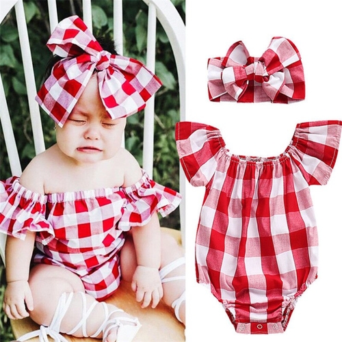 Cute Toddler Baby Girls Red Plaid Sets Cotton