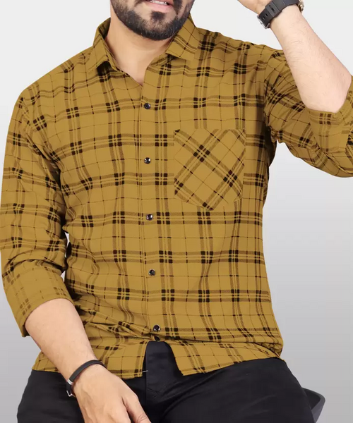 Men Regular Fit Checkered Spread Collar Casual Shirt Mustard (Size S)