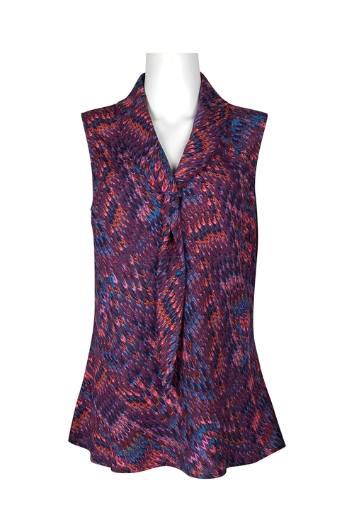 Tahari ASL Lapel Collar Sleeveless Multi Print Polyester Top