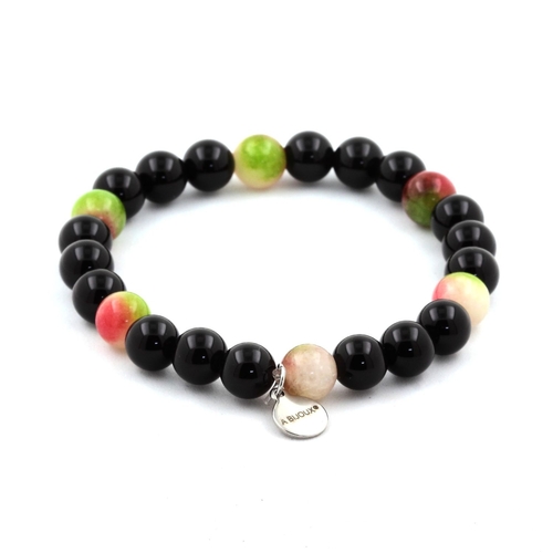 Watermelon Tourmaline + Black Agate Bracelet 8 mm Beads.