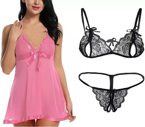 Women's Bra & Panty Set Self Design Pink, Black Lingerie Set (Size 36)