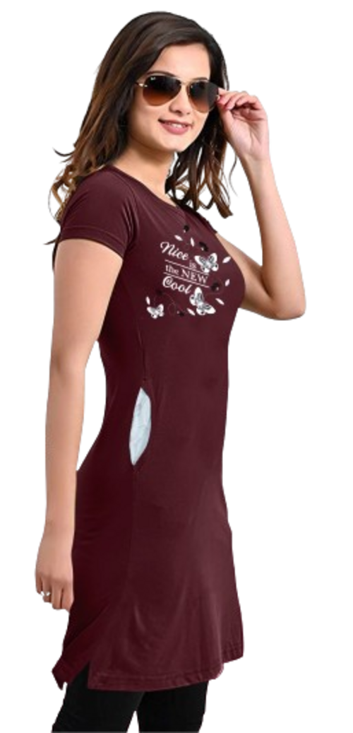 Women's Maroon Long Round Neck Tshirt with Two Size Cut Size XL