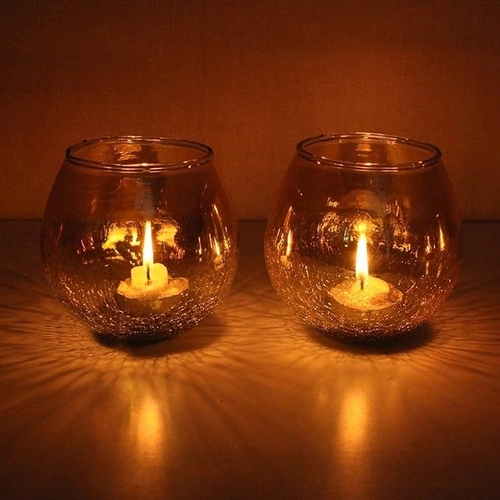 Tea Light Candle Holder with Half Crackle Votive Glass for Home Decor