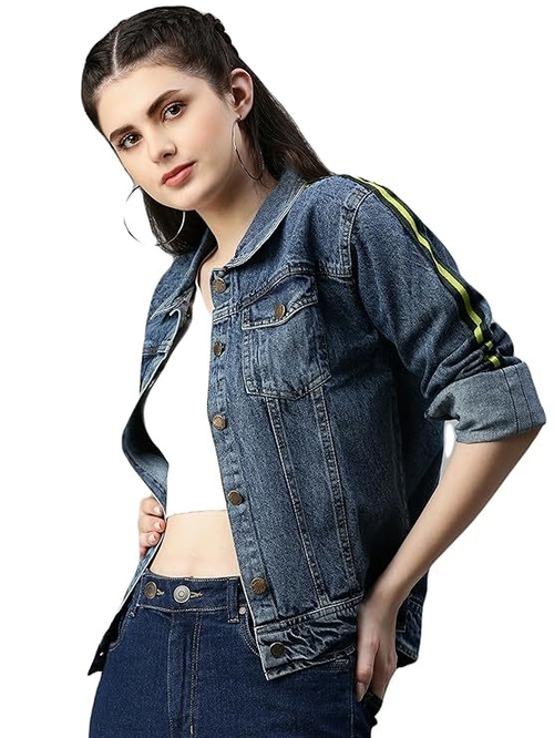 Women's Denim Jacket Cotton Blend Mild Wash Short Length WIth Stripped