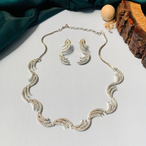Statement Silver Plated Diamond Necklace & Earring