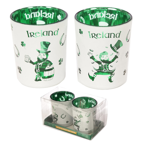 Glass Candleholder Set of 2 - Ireland Lucky Leprechaun