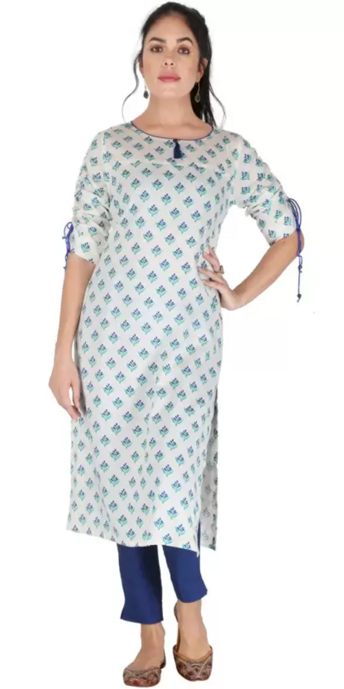 Women Floral Print Viscose Rayon Straight Kurta  (White, Blue) Size M