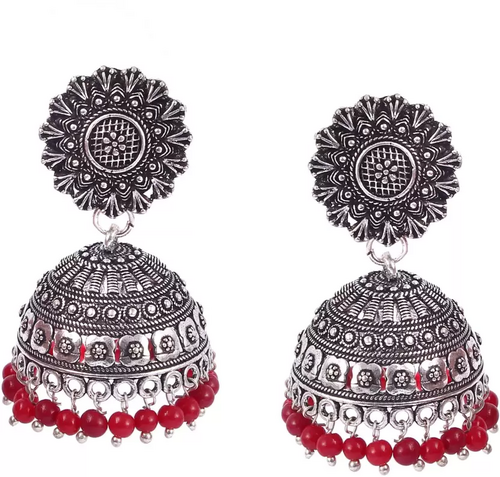Women's Oxidised Silver plated Red beaded jhumka Jhumki Afghani