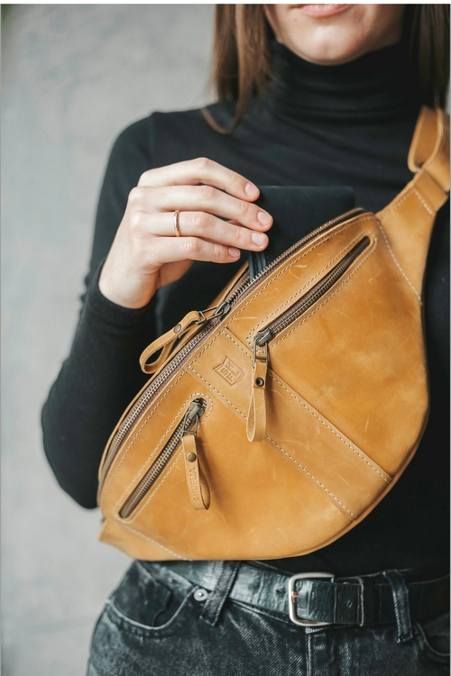 Yellow Leather Small Crossbody Bag, Small Fanny Pack, Leather Belt