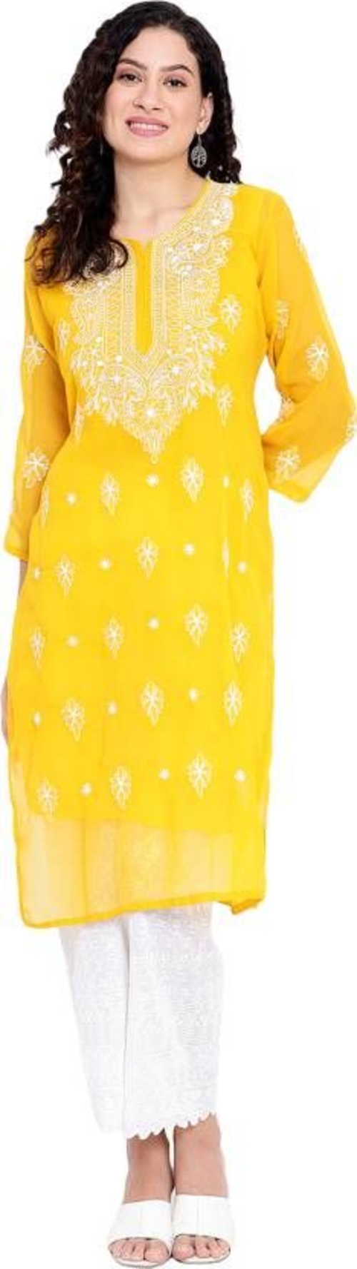 Women Chikanari Embroidery Georgette Straight Kurta Handwork Design