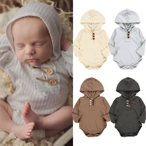 Newborn Baby Girl Boy Solid Hooded Bodysuits