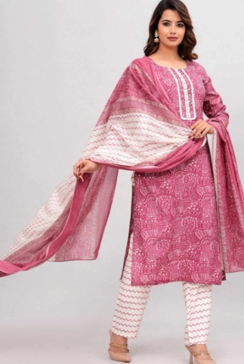 Abstract Printed Cotton Kurta Pant set with Dupatta set (SIZE-2XL)