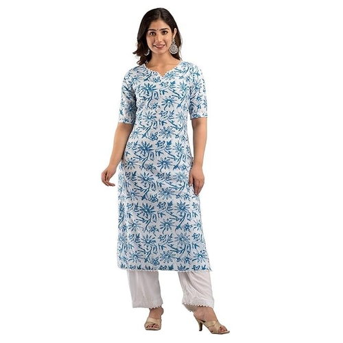 Women's Blue Floral Cotton Kurta with Palazzo set size S