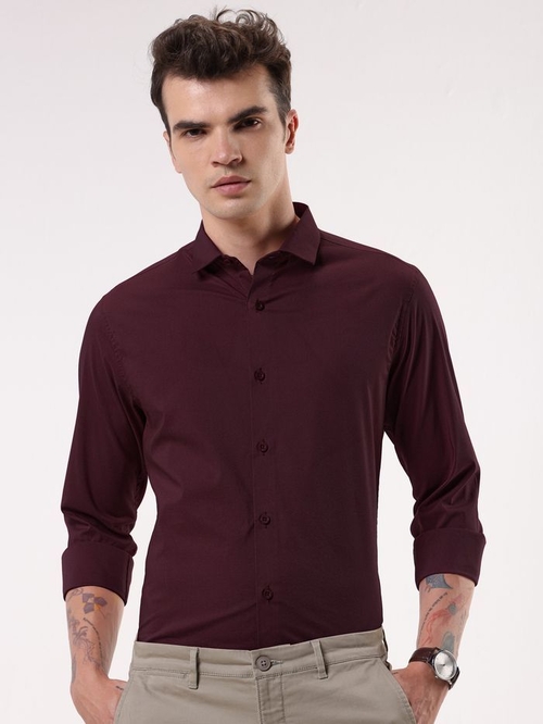 Men Slim Fit Solid Dark Maroon Formal Shirt (Size L)