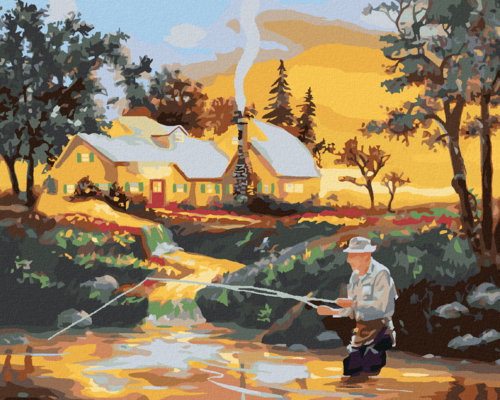 Zuty - Paint by Numbers - MAN FISHING IN THE RIVER, HOUSE AND SUNSET