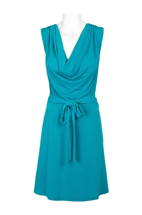Leota Cowl Neck Sleeveless Tie Waist Solid Jersey Polyester Dress