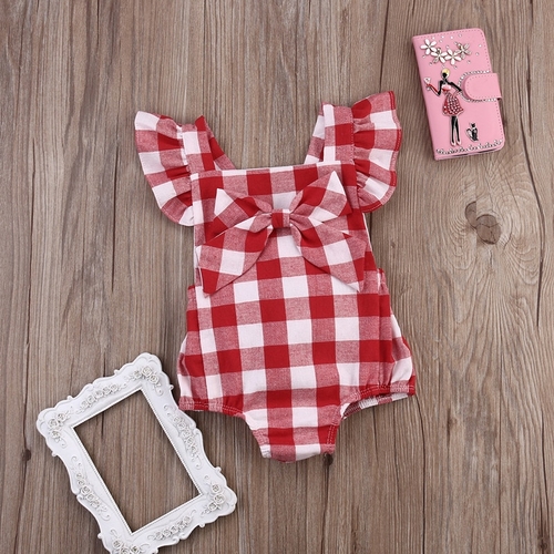 Baby Girl Satin Plaid Backless Bow Bodysuit One