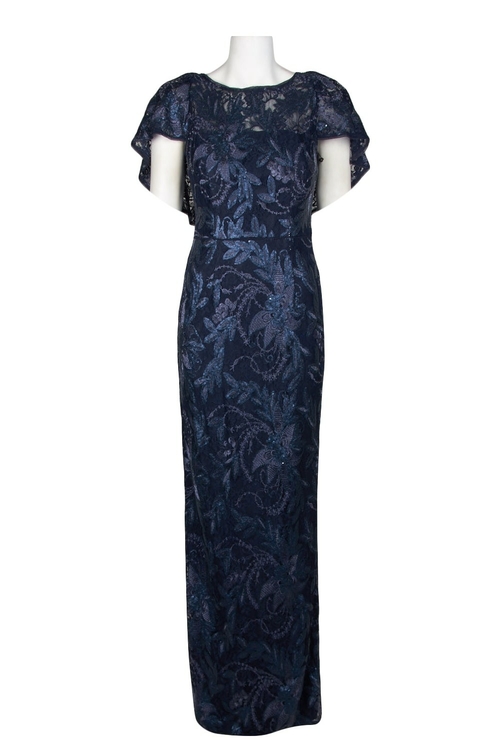 Adrianna Papell Boat Neck Illusion Cape Sleeve Zipper Back Embellished