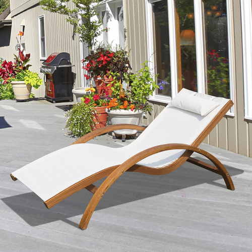 Outsunny Outdoor Wood Sling Chaise Lounge Reclining Garden Mesh