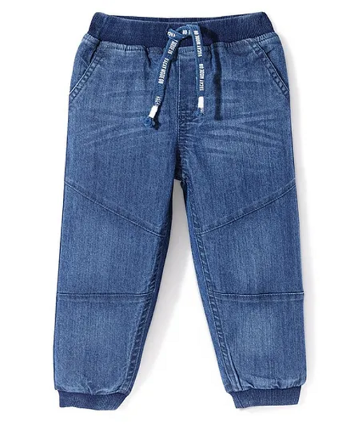 Cotton Washed Denim Stretchable Full Length Solid Joggers- Blue
