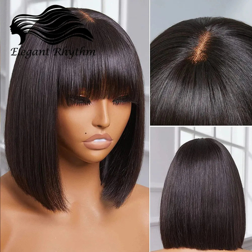 Fake Scalp Wigs Straight Human Hair Wigs With Bangs 180 % Density