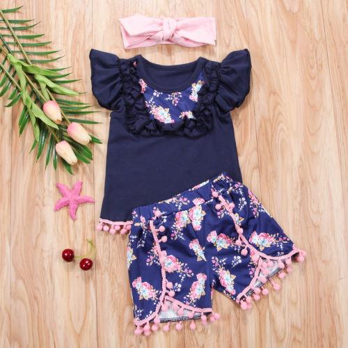 3PCS Newborn Kid Baby Girl Ruffled Tassel T shirt