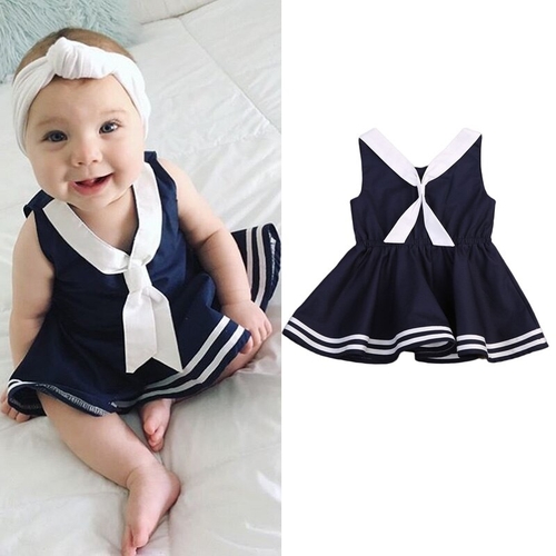 Girl Cotton Dress Baby Princess Dress Navy Style