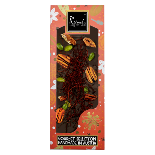 GOURMET dark chocolate pecan nut, chili threads, pistachios