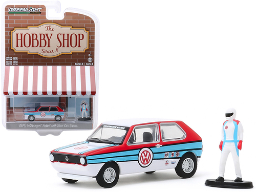 1975 Volkswagen Rabbit White with Stripes and Race Car Driver Figurine