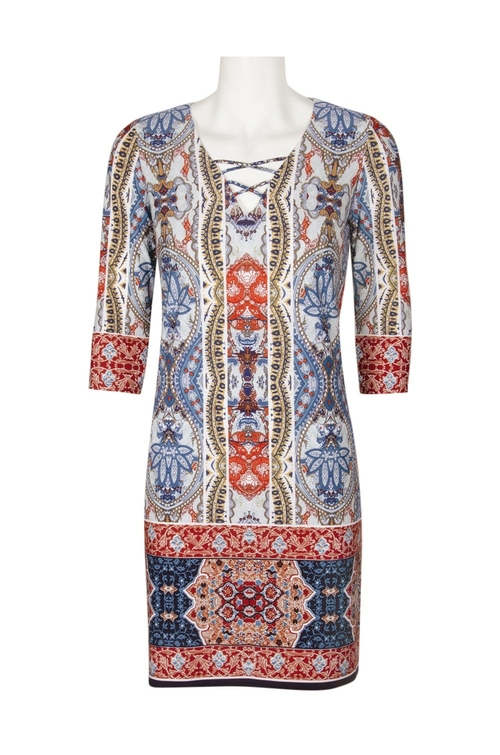 London Times String V-Neck 3/4 Sleeve Multi Print Dress (Petite)