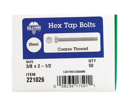 Hillman 221026 0.375 x 2.5 in. Fully Threaded Hex Tap Bolt  Zinc Finis