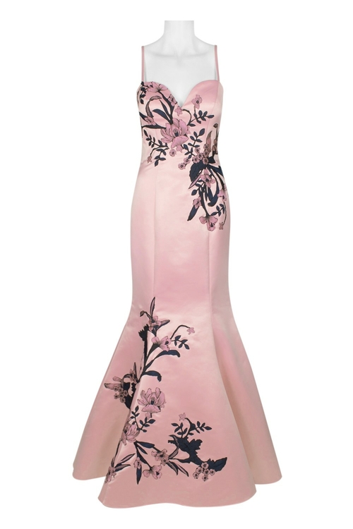 Dave & Johnny Spaghetti Strap Embroidered Cutout Back Trumpet Satin