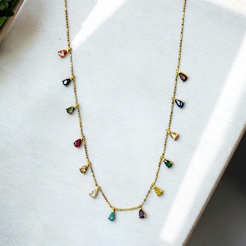 Handmade Minimalist Sterling Silver Rainbow Pear Cut Necklace