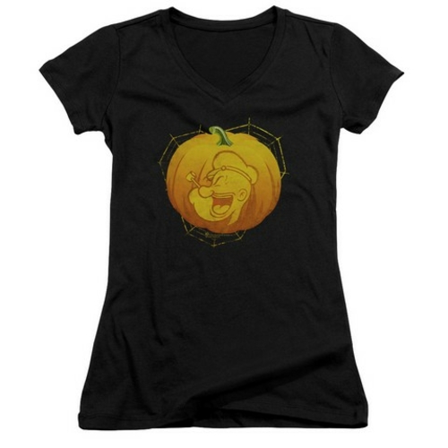 Popeye-Pop O Lantern Junior V-Neck Tee, Black - Small