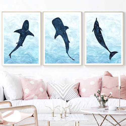 Watercolor Shark Dolphin Whale Wall Art Canvas