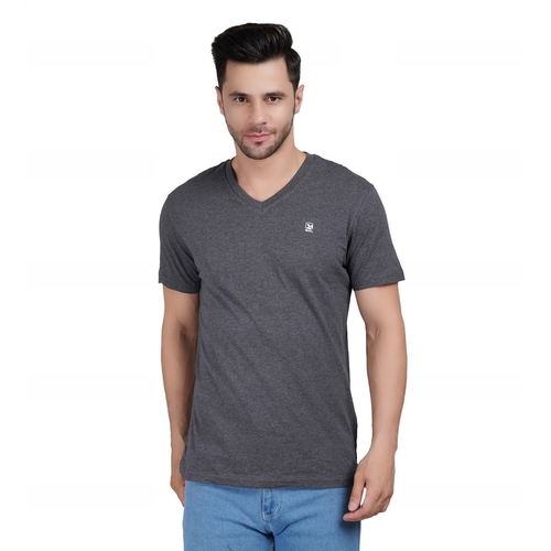 Men Printed V Neck Cotton Dark Grey T-Shirt (Size L)