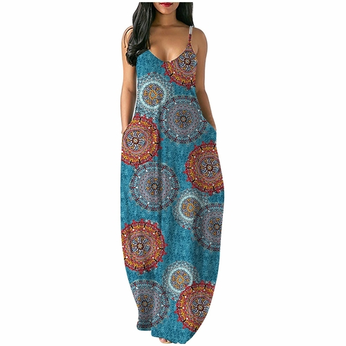 2021 plus Size Women Fancy Printed Sexy Deep V Strap Maxi Dress