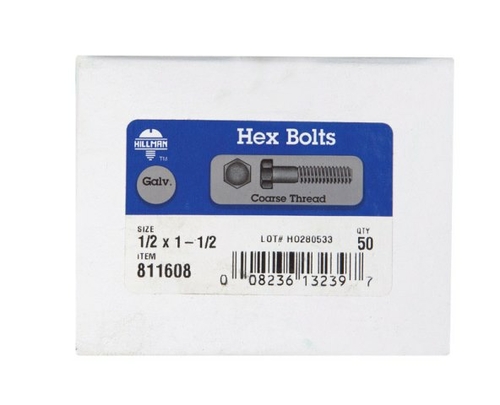 Hillman 811608 0.5 x 1.5 in. Galvanized Hex Bolt