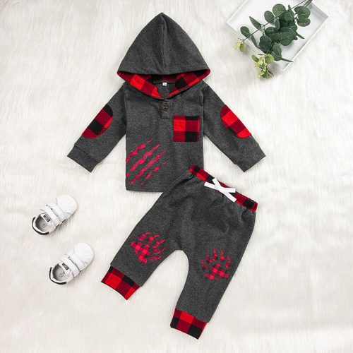 Newborn Kid Baby Boy Girl Plaid Clothes Hood Top