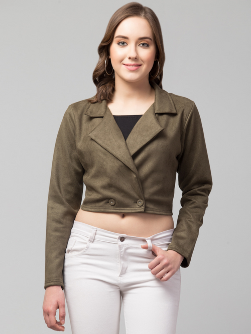Women Solid Double-Breasted Casual Suede Blazer (Color Olive) (Size L)