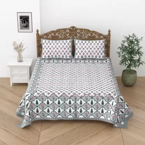 244 TC Cotton Double Floral Flat Bedsheet  (Pack of 1, Grey Asapala)